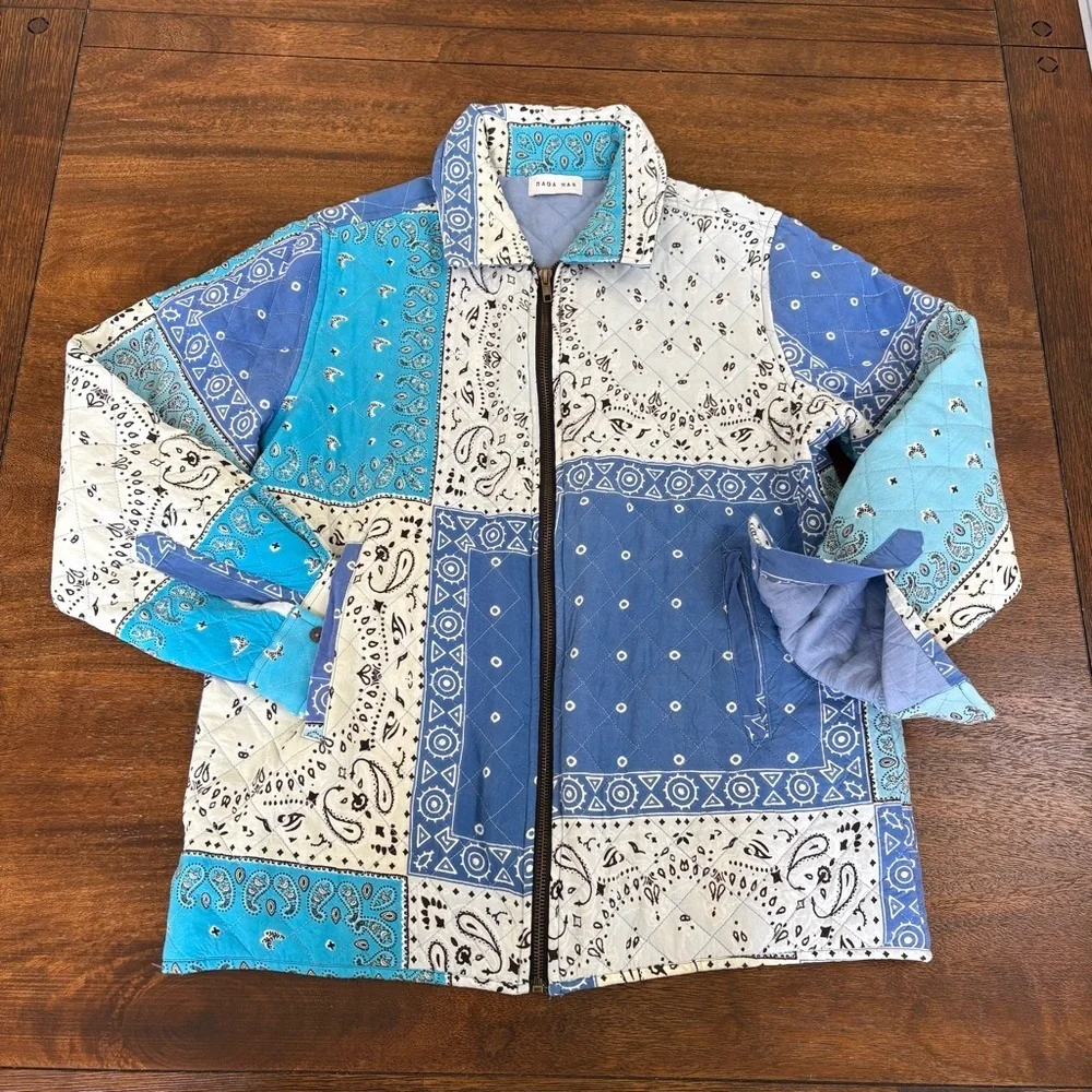 Raga Man Arasu Quilted Patchwork Bandana Zip Up Shirt Jacket Boho lBlue Men S